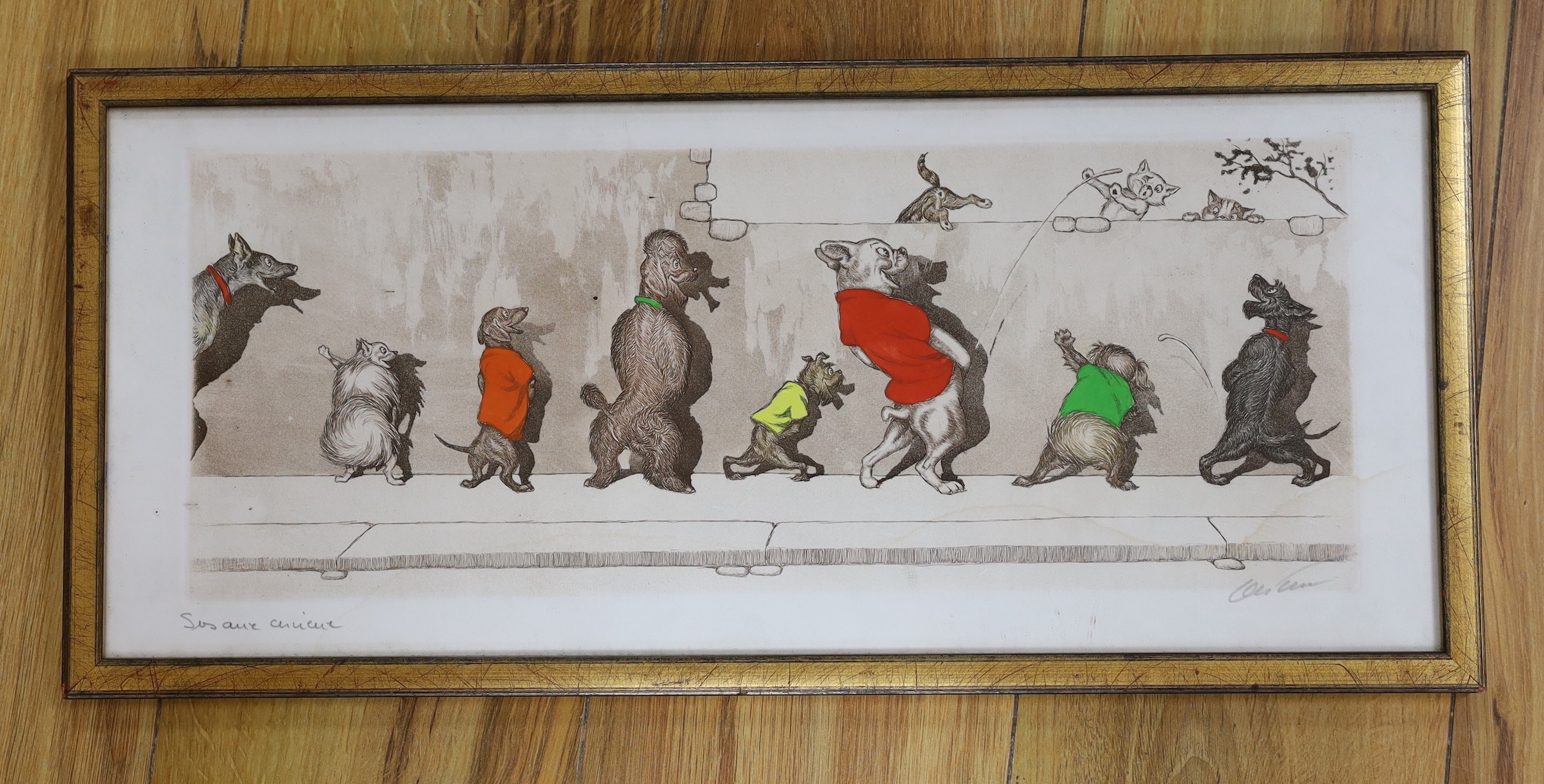 Arthur Boris Klein (1893-1985), coloured etching, ¨Sus aux curicux¨, signed, overall 21 x 49cm